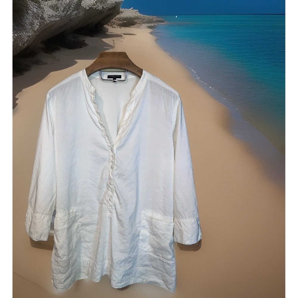 Eileen Fisher Tunic‎ Dress Women 2X White Preppy Beach Resort Italian Fabric